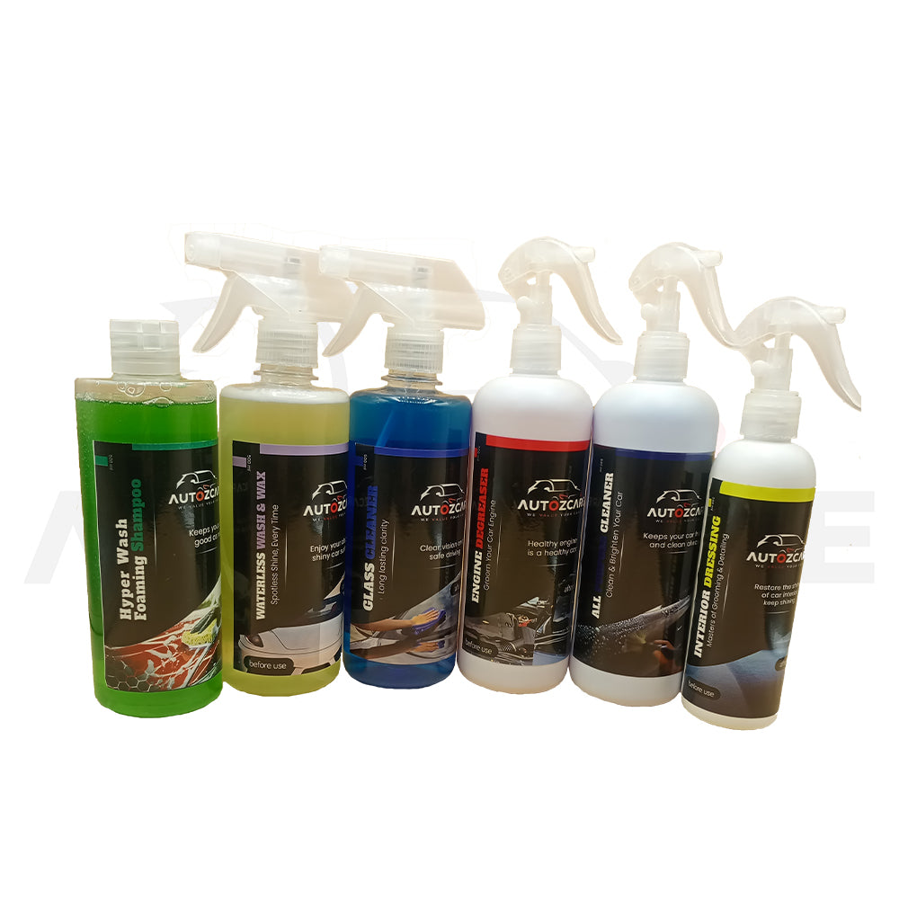 AutozCare Waterless Car Wash & Wax, Waterless Glass Cleaner, Interior Dressing, All Purpose Cleaner, Engine Degreaser and Hyper Wash Forming Shampoo (Pack Of 6) - AutozCare Pakistan