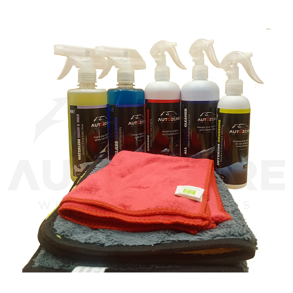 AutozCare Waterless Car Wash & Wax, Waterless Glass Cleaner, Engine Degreaser and Hyper Wash Forming Shampoo and Double Side Microfiber Towel and Single Side Towel (Pack Of 7) - AutozCare Pakistan