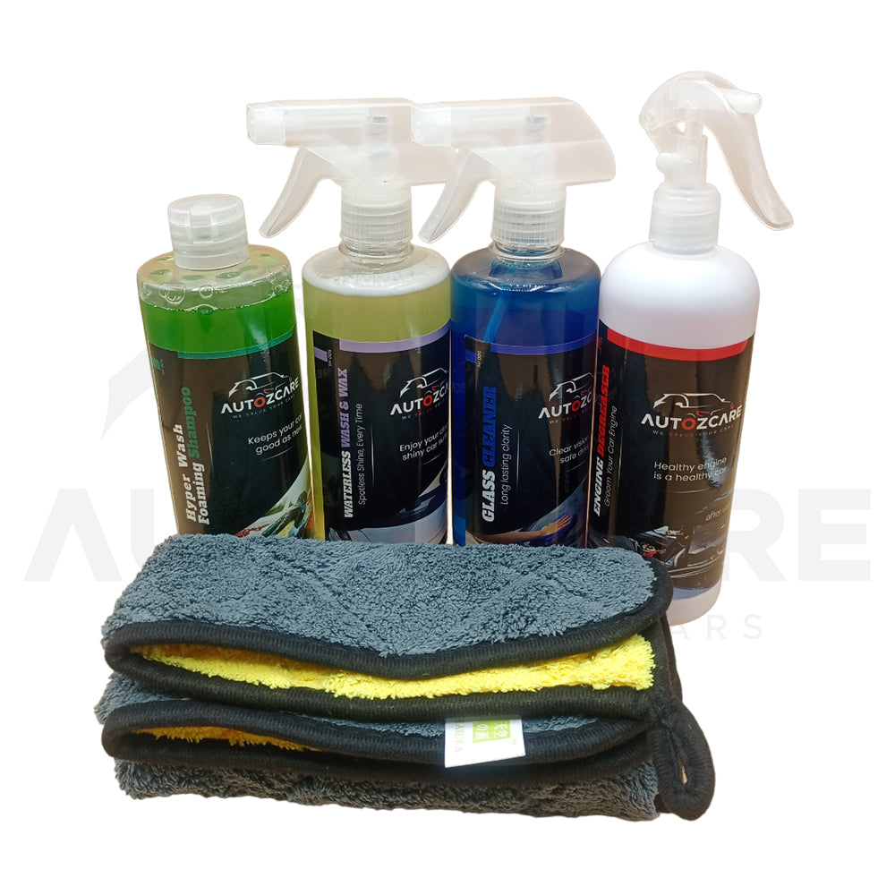 AutozCare Waterless Car Wash & Wax, Waterless Glass Cleaner, Engine Degreaser and Hyper Wash Forming Shampoo and Microfiber Towel (Pack Of 5) - AutozCare Pakistan