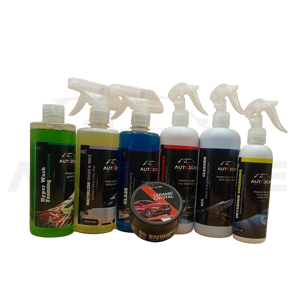 AutozCare Waterless Car Wash & Wax, Waterless Glass Cleaner, Car Wax Interior Dressing, All Purpose Cleaner, Engine Degreaser and Hyper Wash Forming Shampoo (Pack Of 7) - AutozCare Pakistan