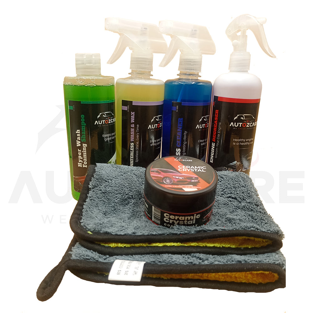 AutozCare Waterless Car Wash & Wax, Waterless Glass Cleaner, Car Wax, Engine Degreaser and Hyper Wash Forming Shampoo and Microfiber Towel (Pack Of 6) - AutozCare Pakistan