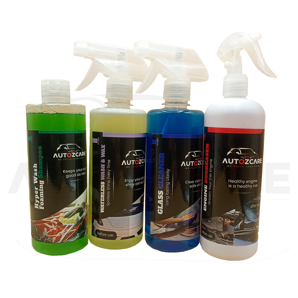 AutozCare Waterless Car Wash & Wax, Glass Cleaner, Hyper Wash Forming Shampoo, Engine Degreaser (Pack Of 4) - AutozCare Pakistan