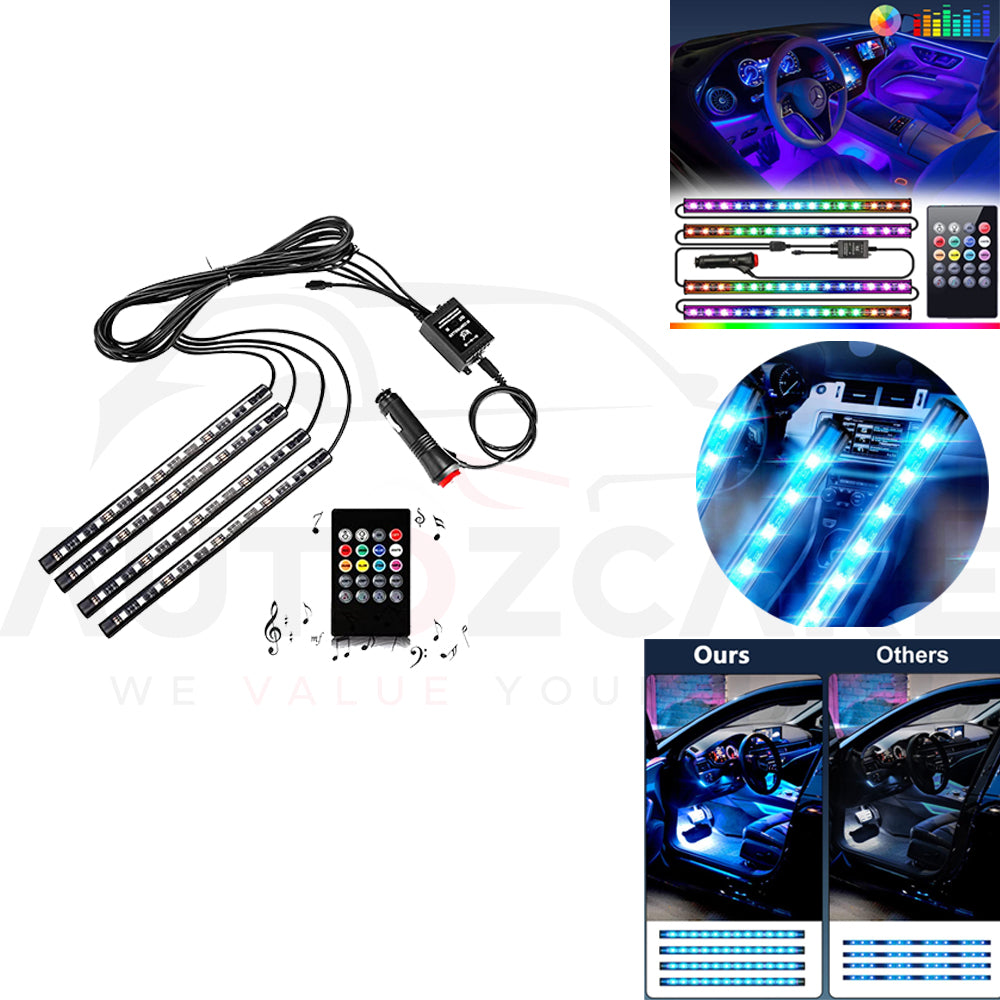 Car LED Strip Light | 4pcs 48 LED DC 12V | Multicolor Music Car Interior Lights | LED Under Dash Lighting | Wireless Remote Control - AutozCare Pakistan