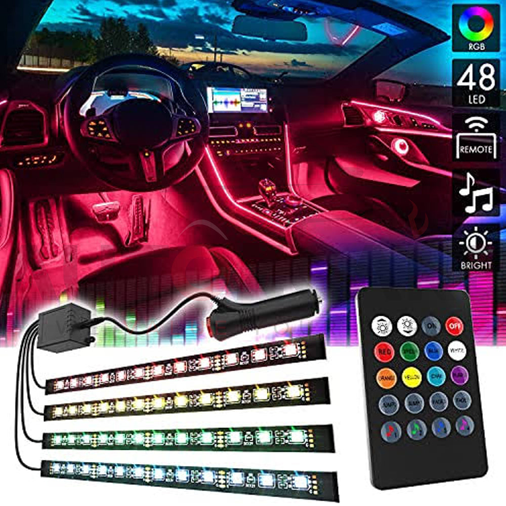 Car LED Strip Light | 4pcs 48 LED DC 12V | Multicolor Music Car Interior Lights | LED Under Dash Lighting | Wireless Remote Control - AutozCare Pakistan