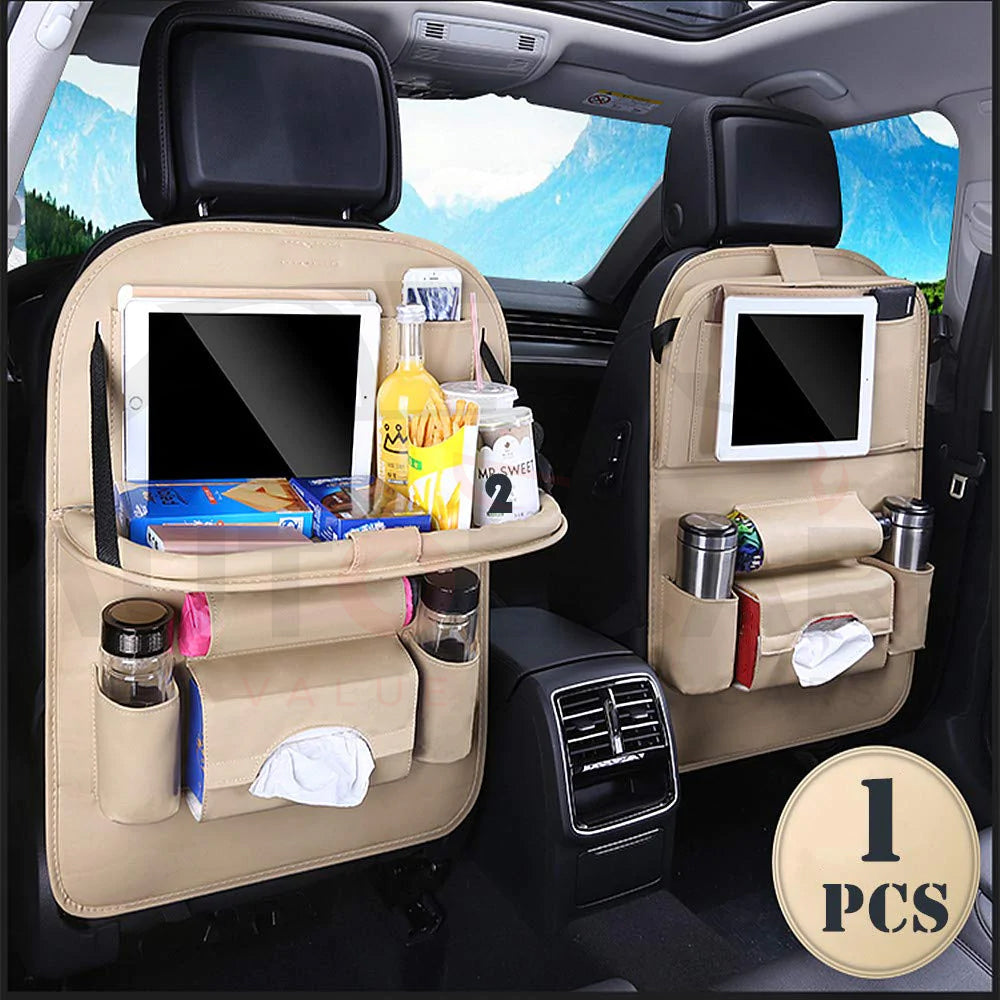 Car Back Seat Organizer with Foldable Tray Dining Tablet Holder for Umbrella Water Bottle iPad phone - AutozCare Pakistan