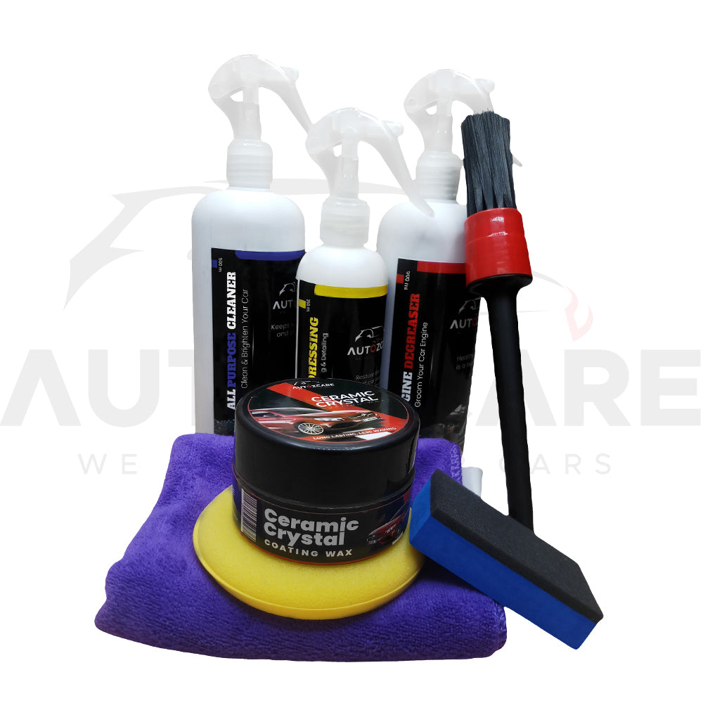 AutozCare Ceramic Crystal Coating Wax with Interior Dressing, All Purpose Cleaner, Engine Degreaser, Detailing Brush, Microfiber Towel, Coating Applicator Pad and Yellow Foam Pad (Pack Of 8) - AutozCare Pakistan