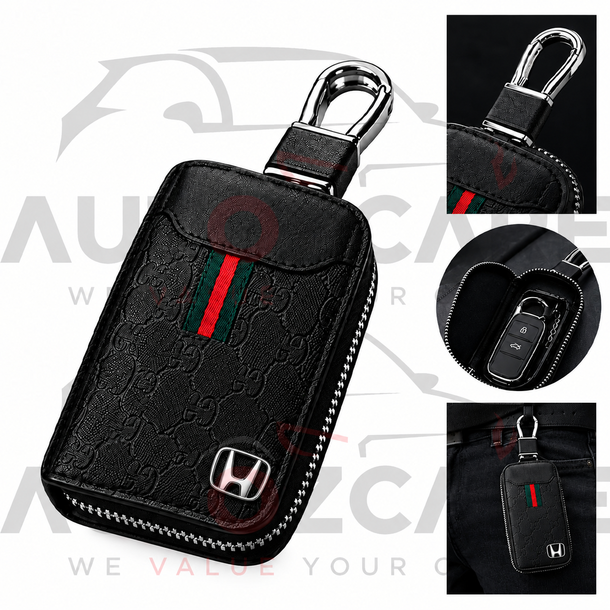 Honda Premium Leather Car Key Case with Zipper & Keychain – Stylish Protective Key Holder (Copy)
