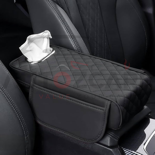 Universal Leather Armrest Cushion With Tissue Box & Storage Pocket
