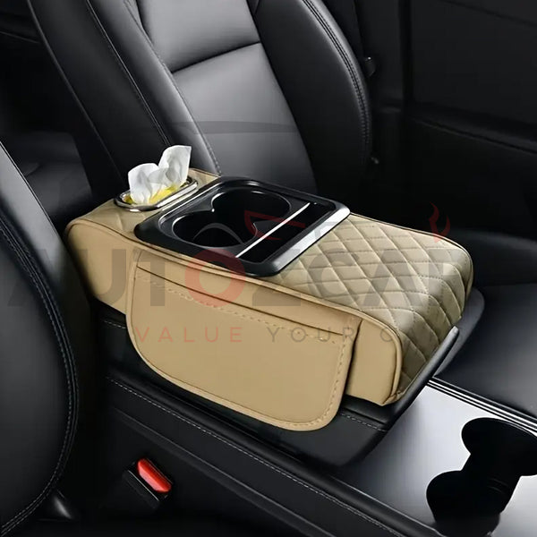 5-in-1  Universal Premium Leather Car Cup Holder Console with Tissue Box | and Phone Slot