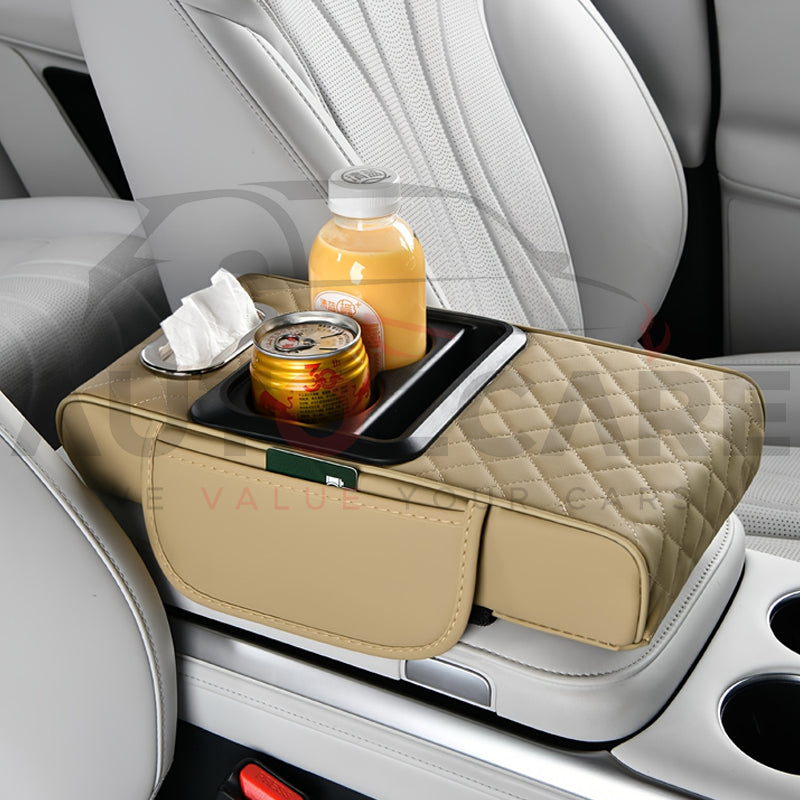5-in-1  Universal Premium Leather Car Cup Holder Console with Tissue Box | and Phone Slot