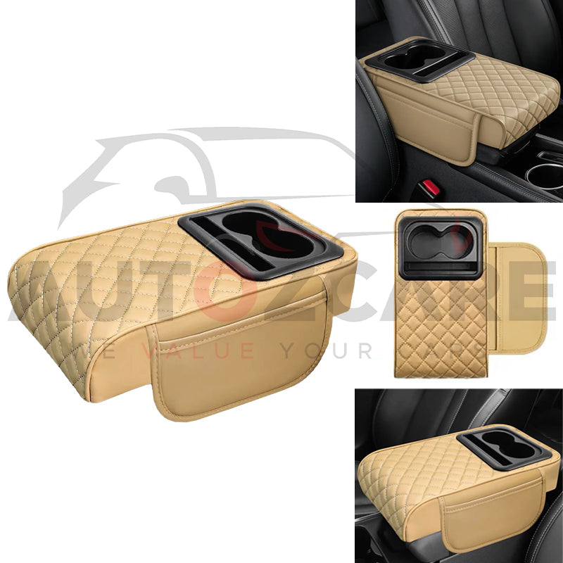 Universal PU Leather Armrest Cushion | Car Center Console Armrest Cushion | Cup and Phone Slot