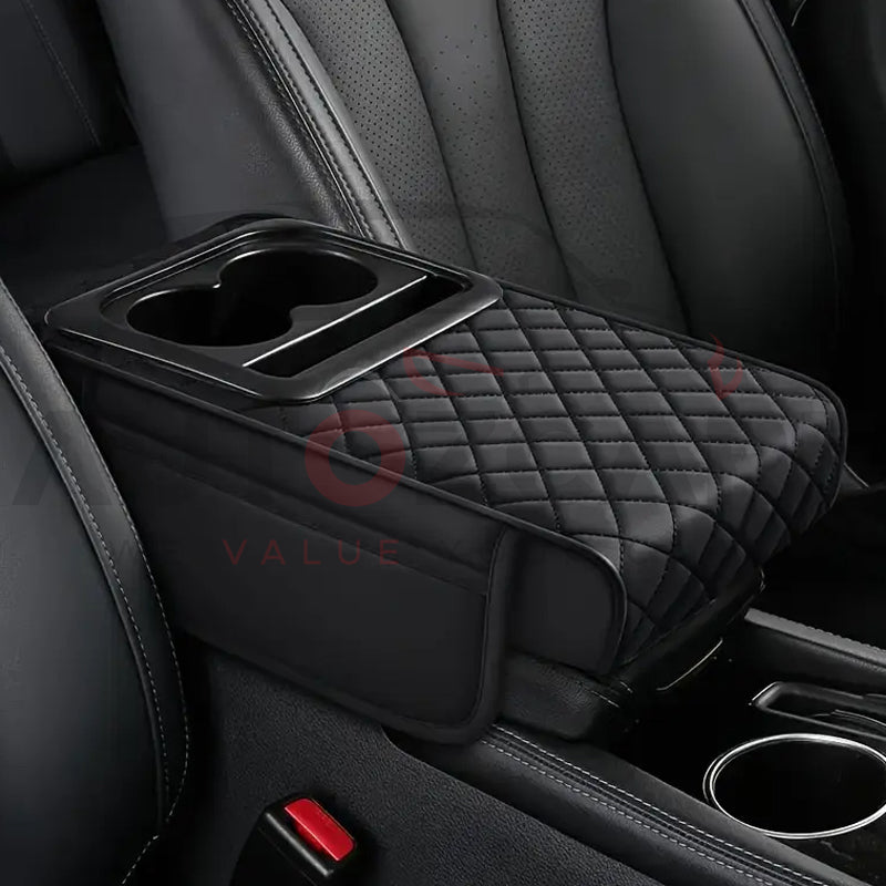 Universal PU Leather Armrest Cushion | Car Center Console Armrest Cushion | Cup and Phone Slot