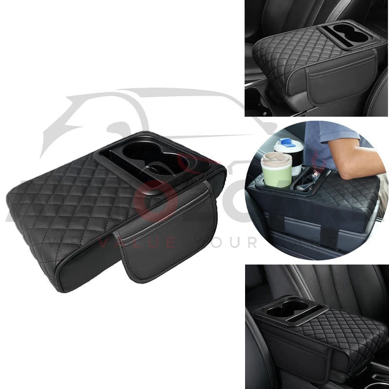 Universal PU Leather Armrest Cushion | Car Center Console Armrest Cushion | Cup and Phone Slot