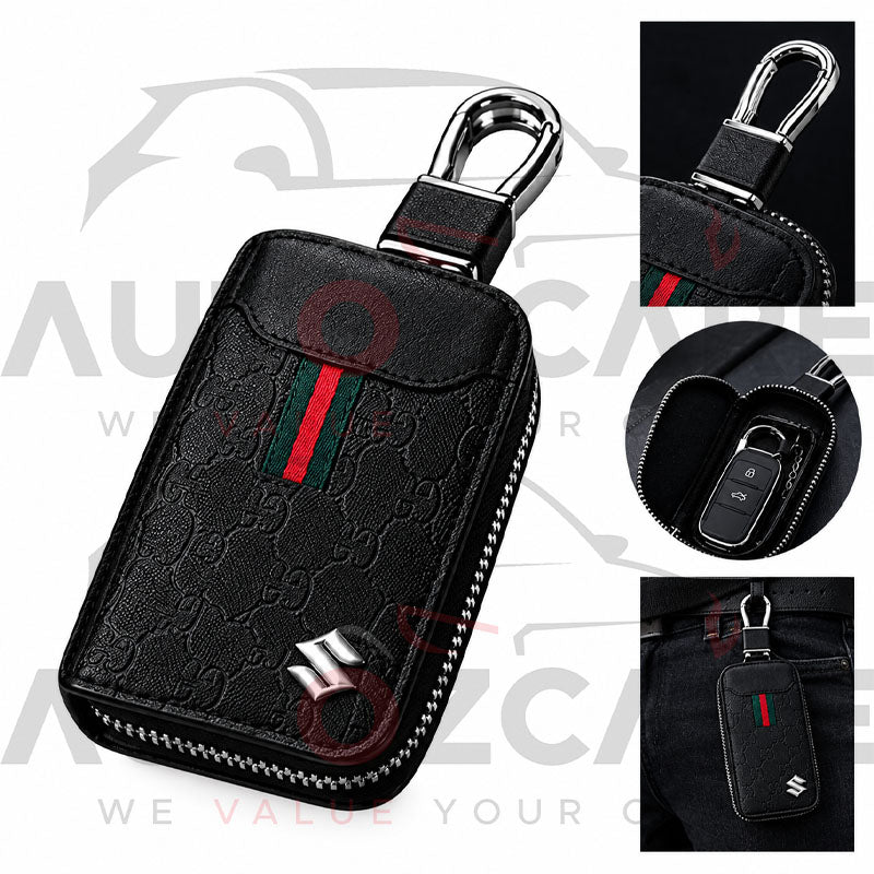 Suzuki Premium Leather Car Key Case with Zipper & Keychain – Stylish Protective Key Holder