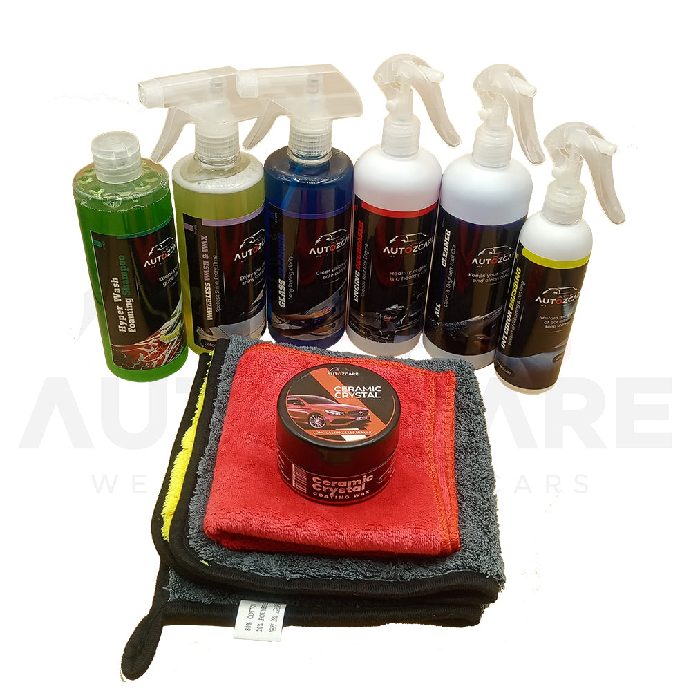 AutozCare Waterless Car Wash & Wax, Waterless Glass Cleaner, Car Wax, All Purpose Cleaner, Interior Dressing Engine Degreaser and Hyper Wash Forming Shampoo and Double Side Microfiber Towel and Single Side Towel (Pack Of 9) - AutozCare Pakistan