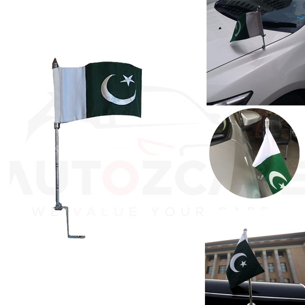 Car Flag Rod Chrome With Pakistani Flag | Installed On Car Bonnet Or Bumper