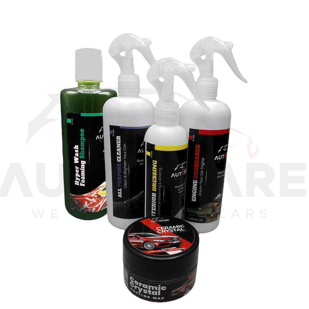 AutozCare Ceramic Crystal Coating Wax with Interior Dressing, All Purpose Cleaner, Engine Degreaser and Shampoo (Pack Of 5)